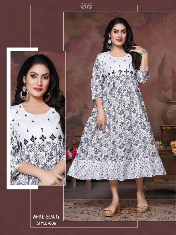 Trendy White Beauty 01 Printed Anarkali Kurtis Catalog
